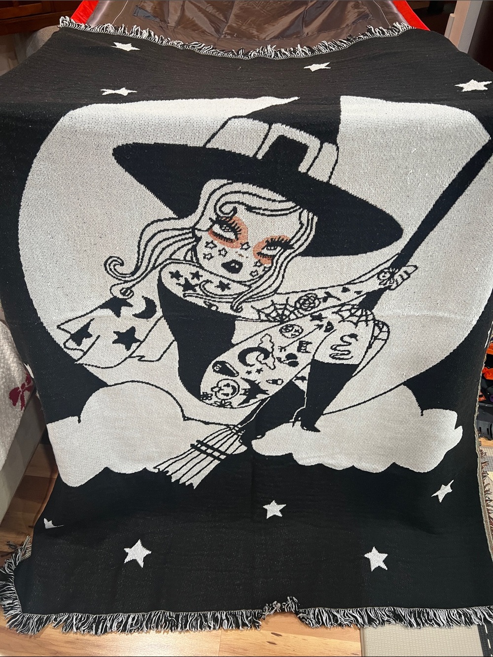 Valfre Black & White Witch Broom Graphic Throw Blanket